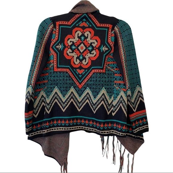 Flying Tomato retro bohemian Aztec print fringed open front cardigan size small - Picture 6 of 6